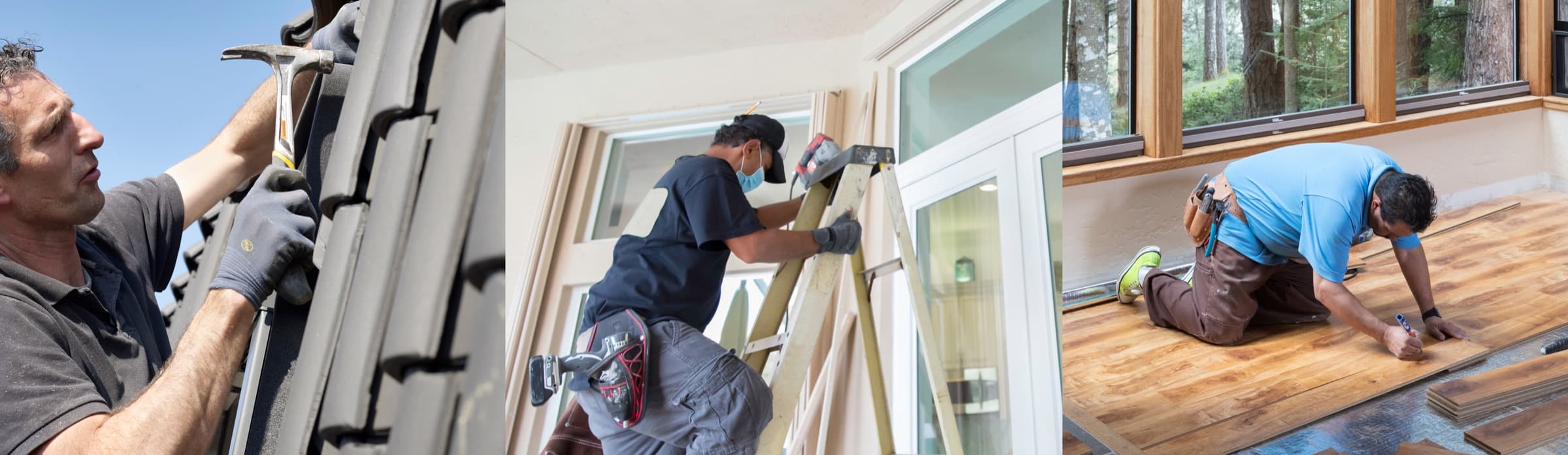 Tradespeople at work: roofing, painting, and flooring